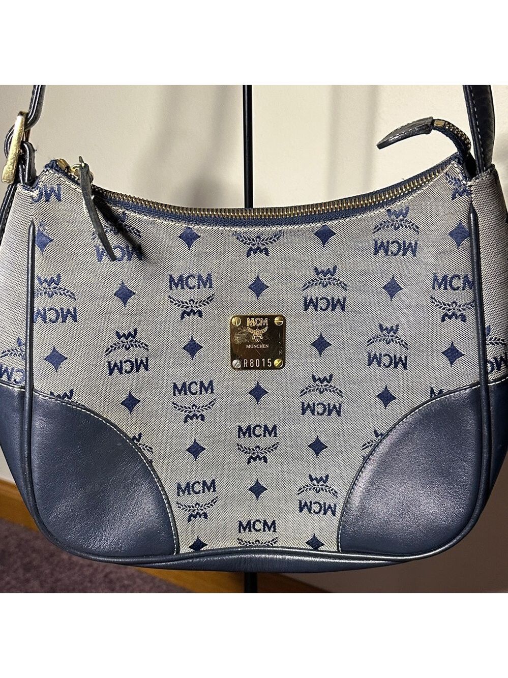 MCM Navy & Gray Monogram Leather & Denim Shoulder Bag - Picture 2 of 9